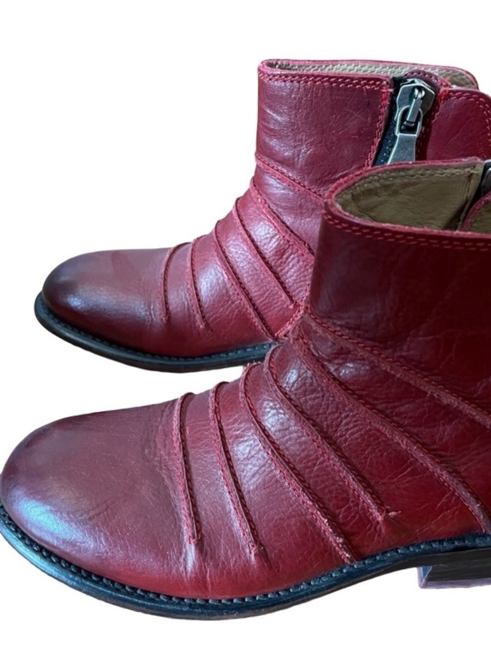 John Fluevog Burgundy Leather Ankle Booties with Side Zip